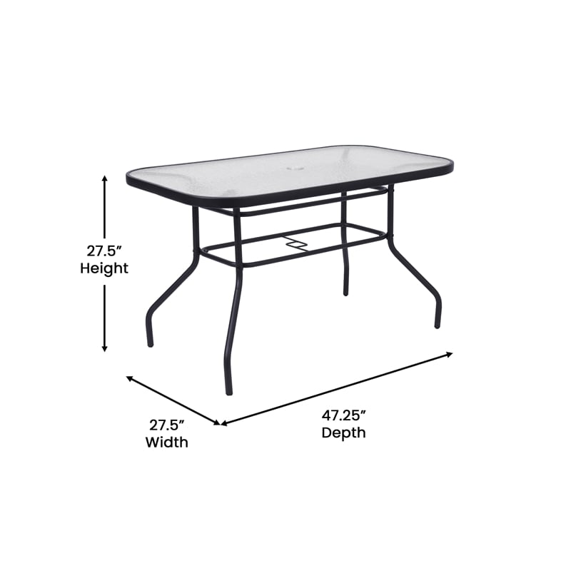 Commercial 47.25x27.5 Tempered Glass and Steel Patio Table - Umbrella Hole-Black