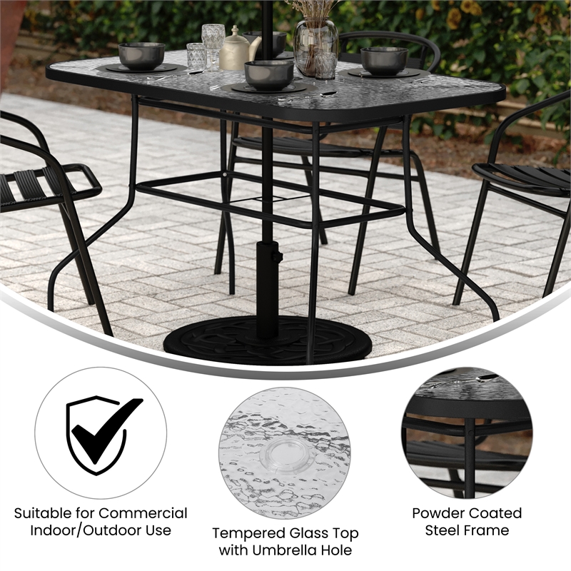 Commercial 47.25x27.5 Tempered Glass and Steel Patio Table - Umbrella Hole-Black