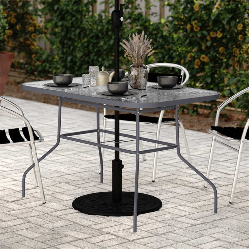 Commercial 47.25x27.5 Tempered Glass and Steel Patio Table-Umbrella Hole-Silver
