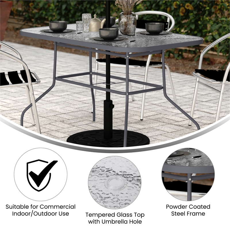 Commercial 47.25x27.5 Tempered Glass and Steel Patio Table-Umbrella Hole-Silver