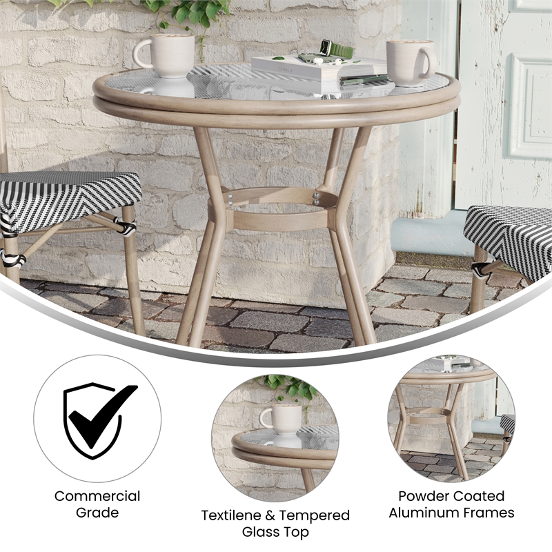 Indoor/Outdoor Commercial Glass Top Bistro Table in Black/White