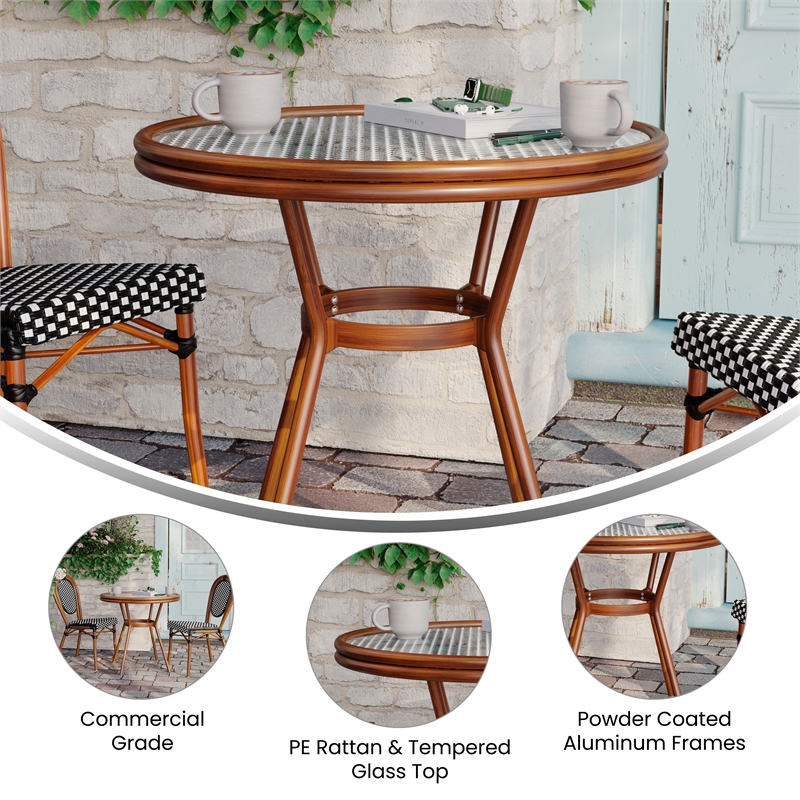 Indoor/Outdoor Commercial Glass Top Bistro Table in Black/White