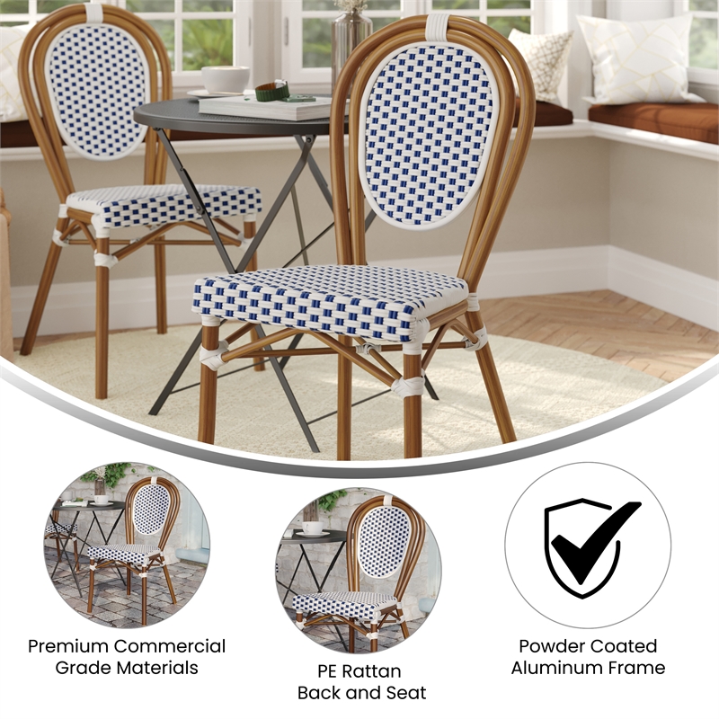 All-Weather Commercial Paris Chair with Bamboo Print Metal Frame-White/Navy