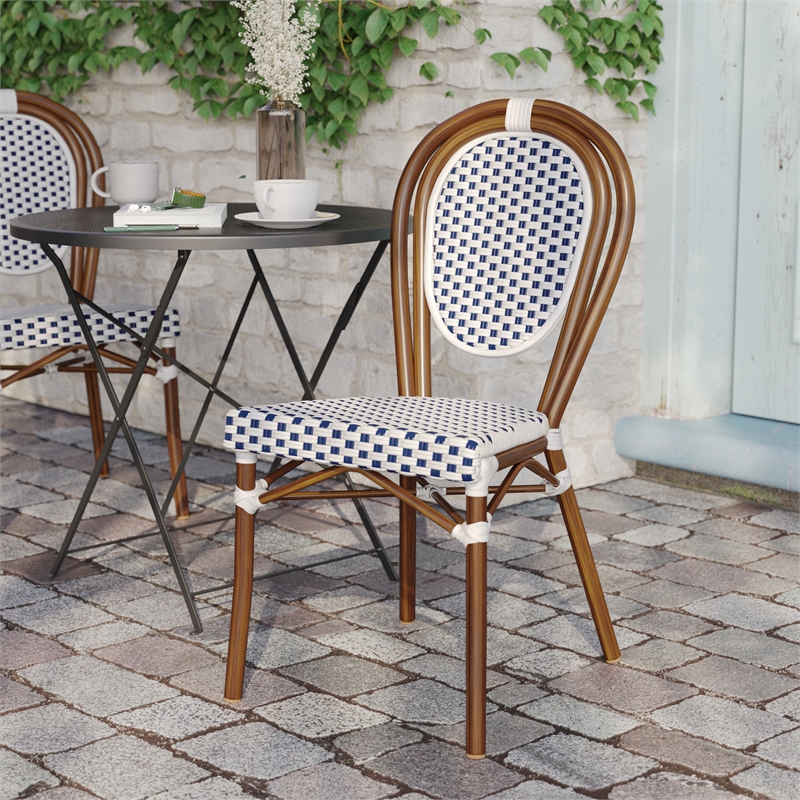 All-Weather Commercial Paris Chair with Bamboo Print Metal Frame-White/Navy