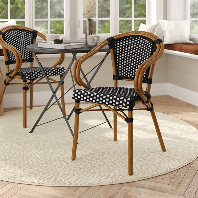 All-Weather Commercial Paris Chair with Bamboo Print Metal Frame-Black/White