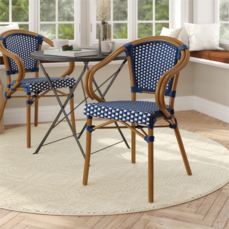All-Weather Commercial Paris Chair with Bamboo Print Metal Frame-Navy/White