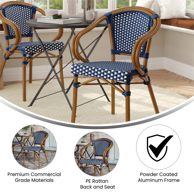 All-Weather Commercial Paris Chair with Bamboo Print Metal Frame-Navy/White