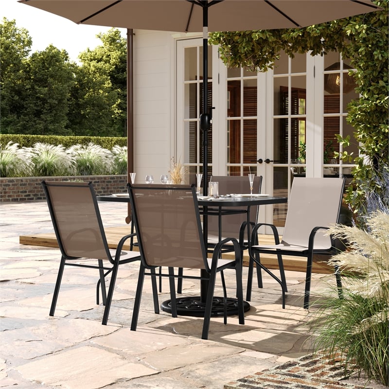 Commercial 5 Pc Outdoor Patio Dining Set with Glass Table and 4 Chairs - Brown