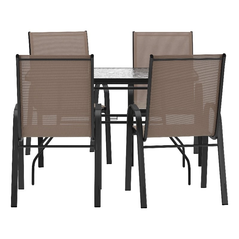 Commercial 5 Pc Outdoor Patio Dining Set with Glass Table and 4 Chairs - Brown