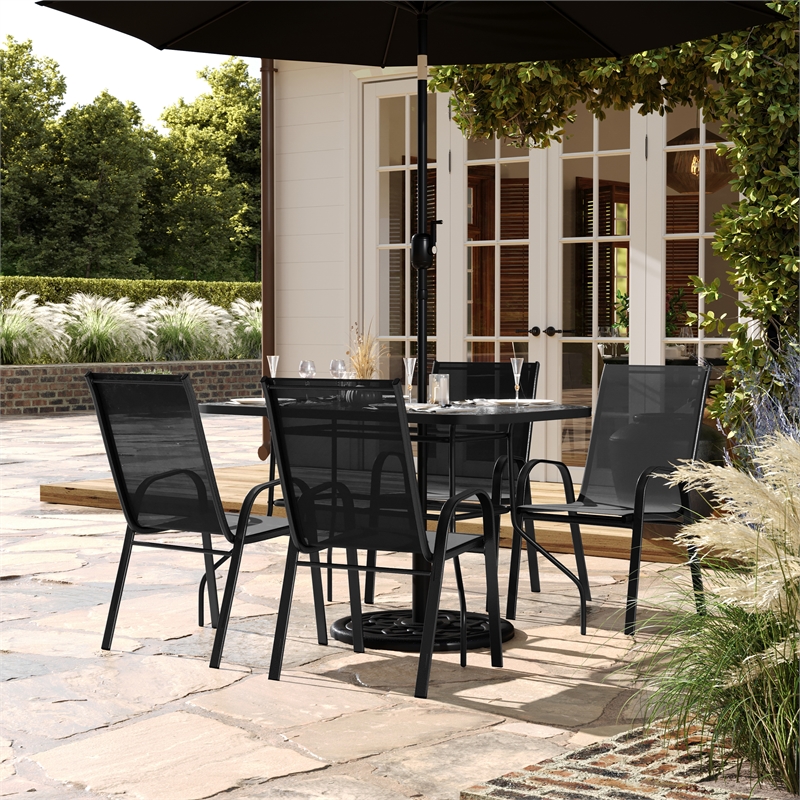 Commercial 5 Pc Outdoor Patio Dining Set with Glass Table and 4 Chairs - Black