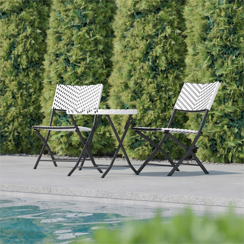3PC Black and White Indoor/Outdoor PE Rattan Folding Bistro Set