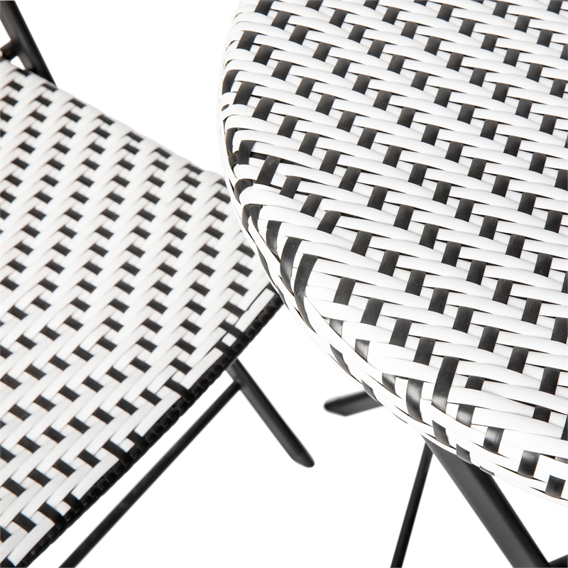 3PC Black and White Indoor/Outdoor PE Rattan Folding Bistro Set