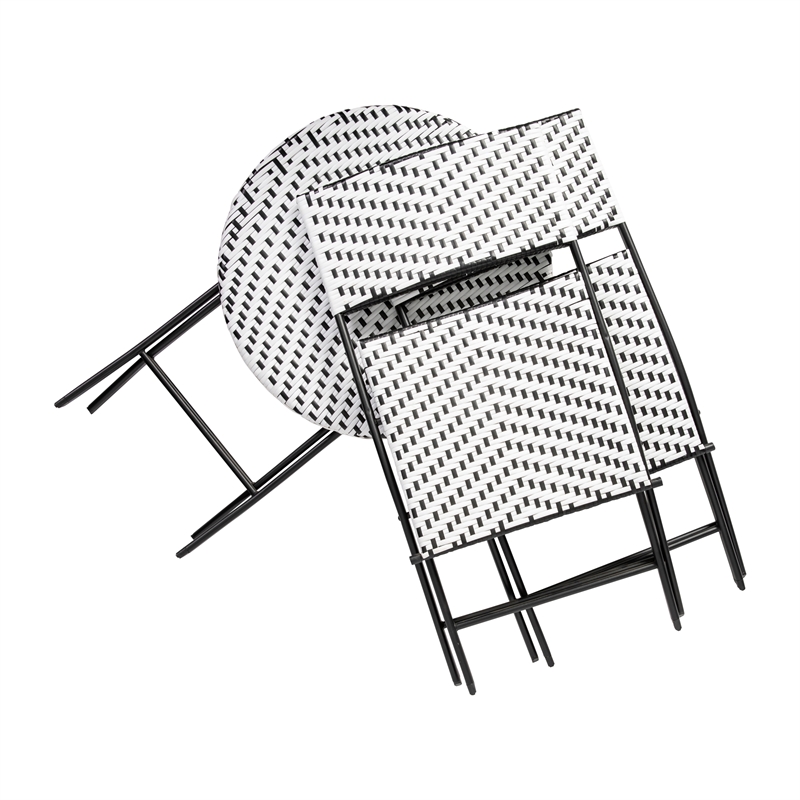 3PC Black and White Indoor/Outdoor PE Rattan Folding Bistro Set