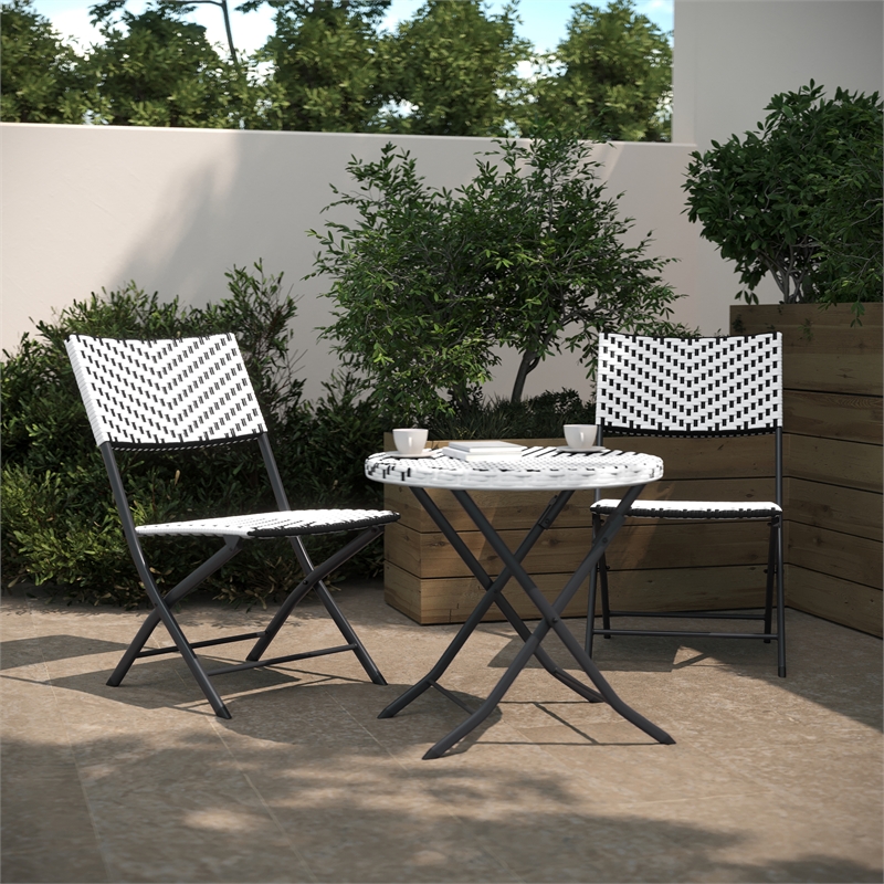3PC Black and White Indoor/Outdoor PE Rattan Folding Bistro Set