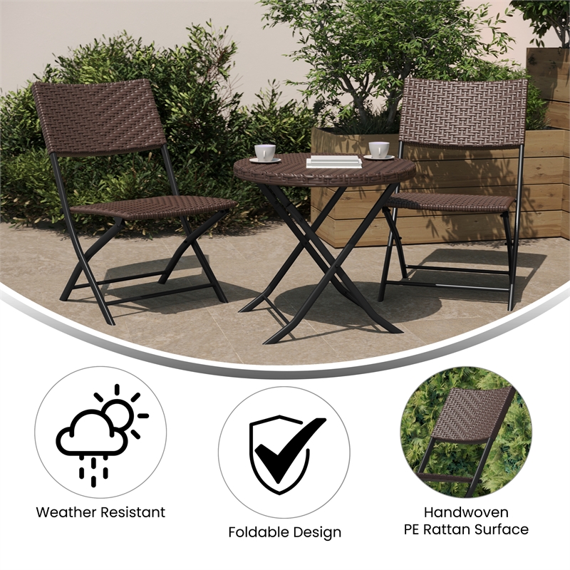 3PC Brown and Black Indoor/Outdoor PE Rattan Folding Bistro Set