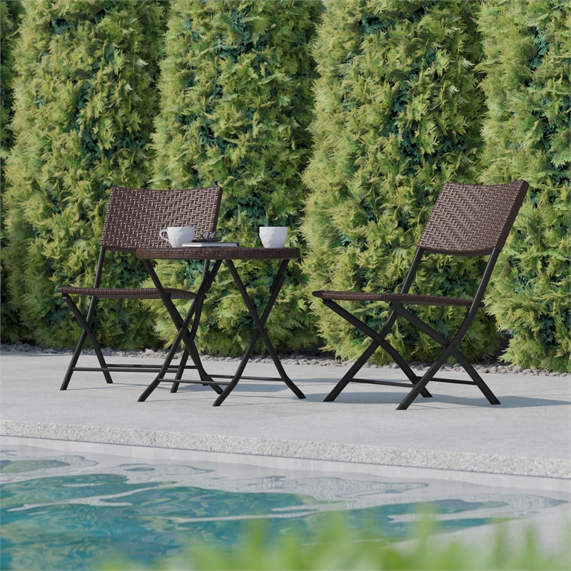 3PC Brown and Black Indoor/Outdoor PE Rattan Folding Bistro Set