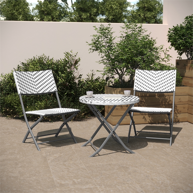 3PC Gray/White and Charcoal Indoor/Outdoor PE Rattan Folding Bistro Set