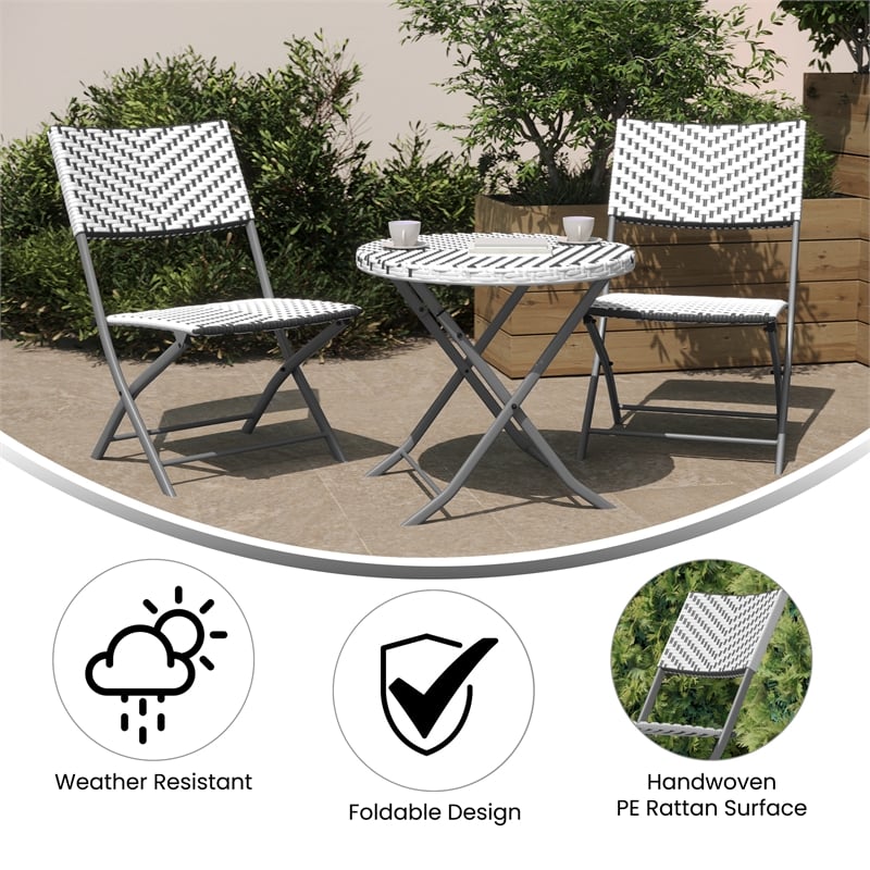 3PC Gray/White and Charcoal Indoor/Outdoor PE Rattan Folding Bistro Set
