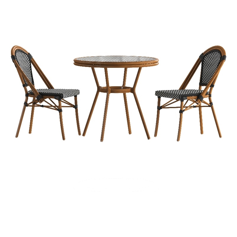 Indoor/Outdoor Commercial Bistro Set with Table and 2 Chairs in Blk/Wht