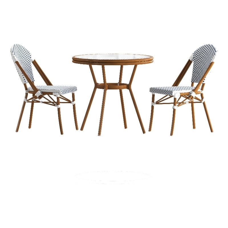 Indoor/Outdoor Commercial Bistro Set with Table and 2 Chairs in Wht/Navy