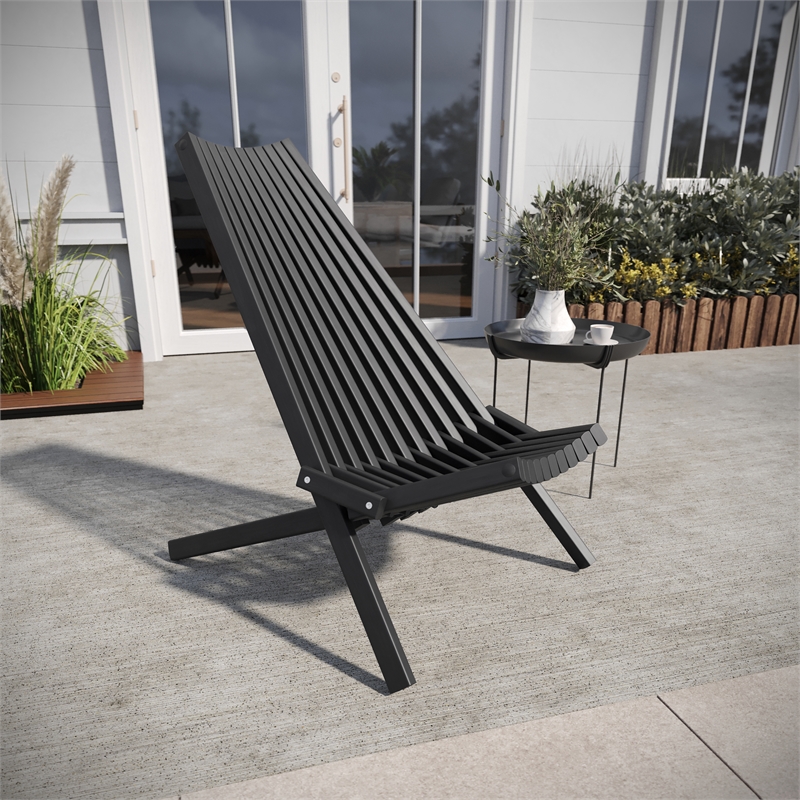 Commercial Indoor/Outdoor Low Profile Acacia Wood Patio Folding Chair in Black