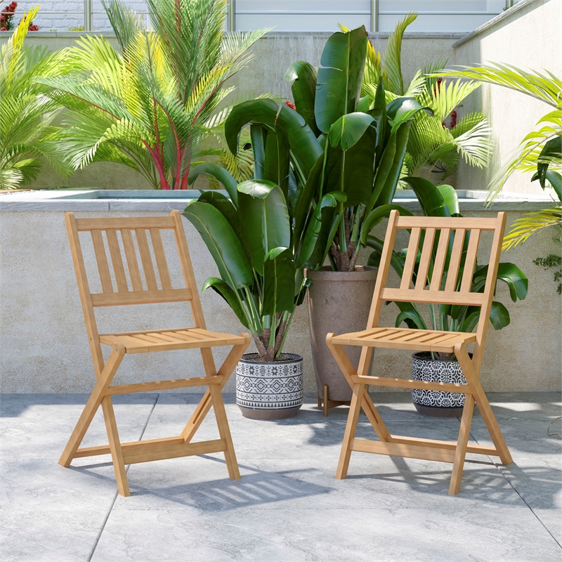 Indoor/Outdoor Solid Acacia Wood Folding Bistro Chairs in Natural - Set of 2