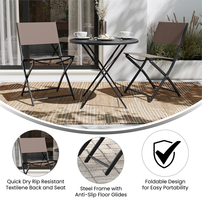 2 Pack Commercial Outdoor Flex Comfort Folding Chair with Metal Frame in Brown
