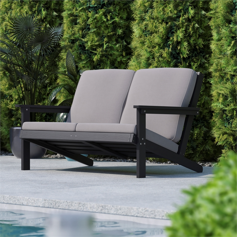 All-Weather Poly Resin Adirondack Loveseat & Cushions - Black/Charcoal