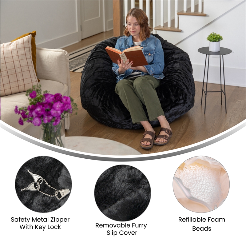 Flash Furniture Oversized Black Furry Refillable Bean Bag Chair for All Ages