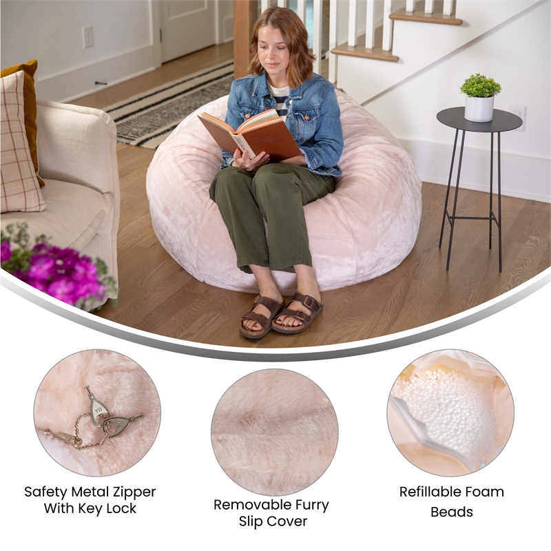 Flash Furniture Oversized Blush Furry Refillable Bean Bag Chair for All Ages