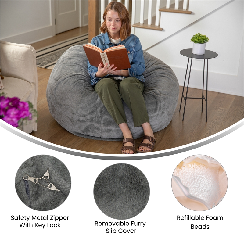 Flash Furniture Oversized Gray Furry Refillable Bean Bag Chair for All Ages