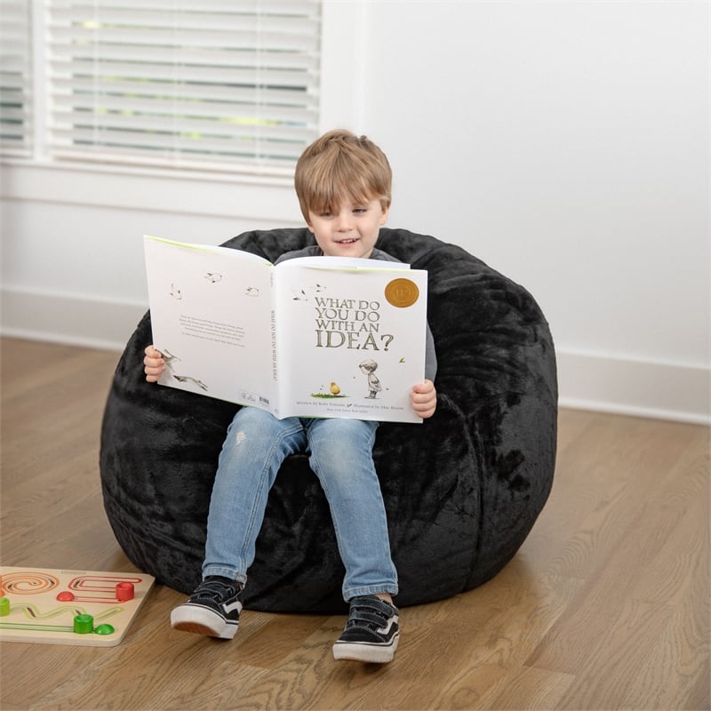 Small Black Furry Refillable Bean Bag Chair for Kids and Teens