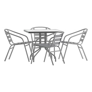Modern 31.5&quot Square Glass Framed Glass Table with 4 Silver Slat Back Chairs