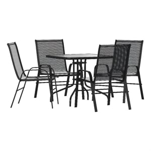 5 Piece Patio Dining Set - 31.5&quot Square Glass Table 4 Black Flex Stack Chairs