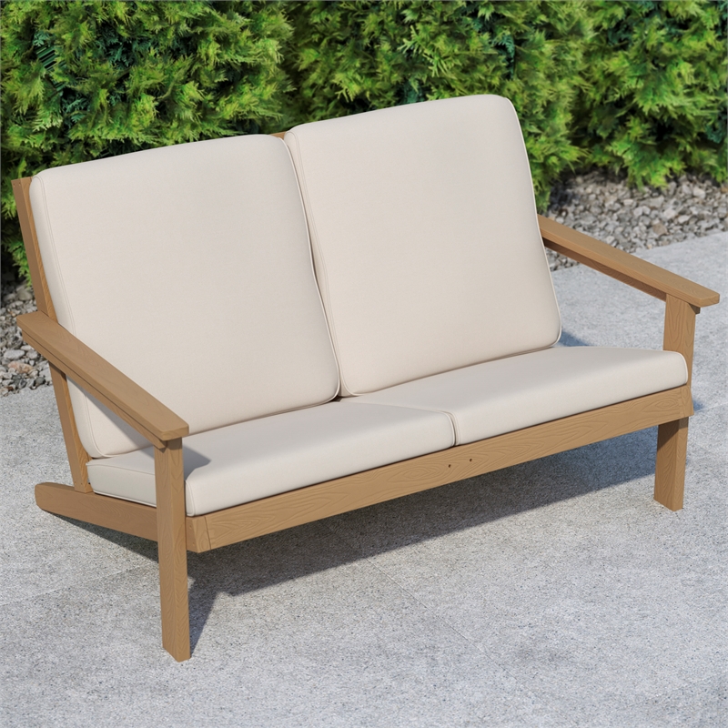 All-Weather Poly Resin Adirondack Loveseat & Cushions - Natural Cedar/Cream