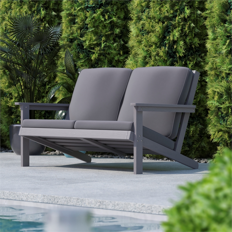All-Weather Poly Resin Adirondack Loveseat & Cushions - Gray/Gray