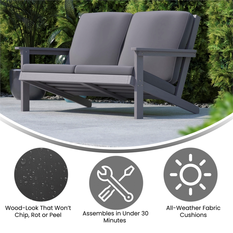 All-Weather Poly Resin Adirondack Loveseat & Cushions - Gray/Gray