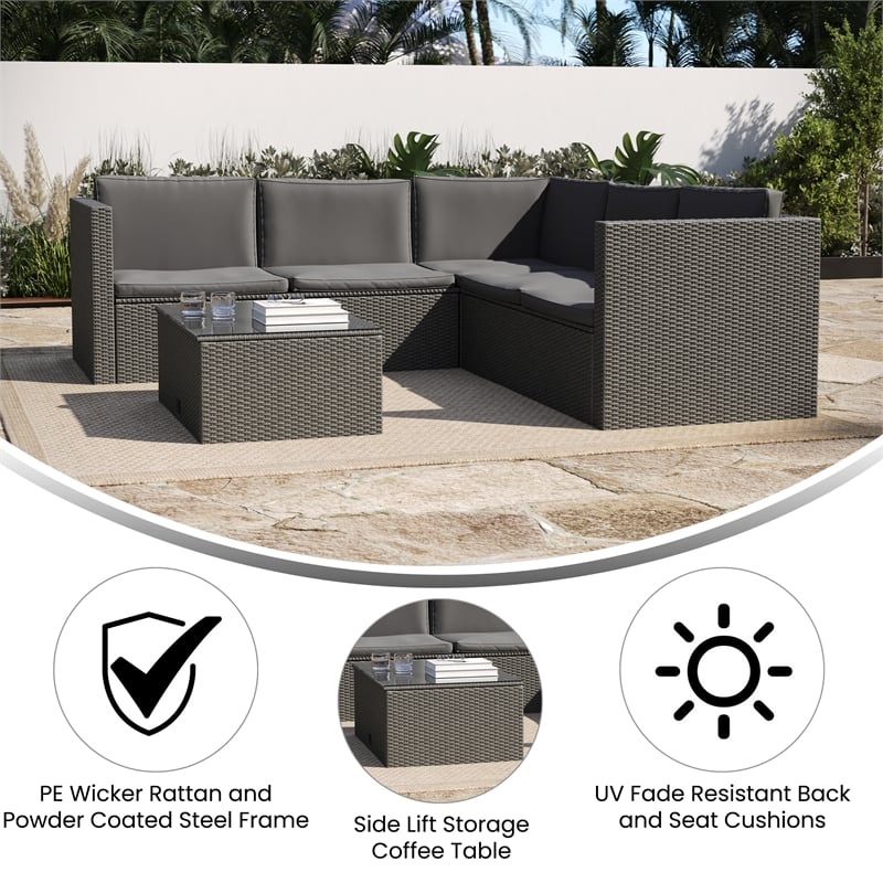 Flash Furniture Indoor/Outdoor Patio Wicker Rattan Sofa and Table Set in Gray