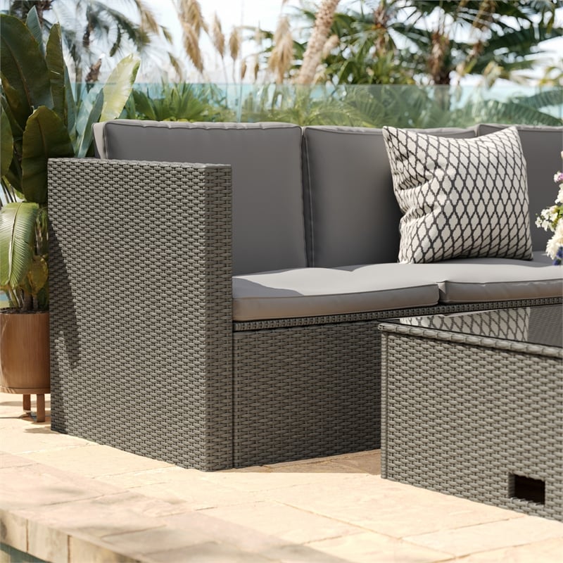 Flash Furniture Indoor/Outdoor Patio Wicker Rattan Sofa and Table Set in Gray