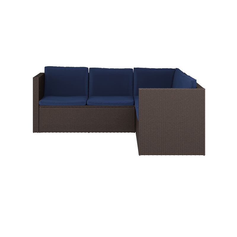 Indoor/Outdoor Patio Wicker Rattan Sofa and Table Set in Brown and Navy