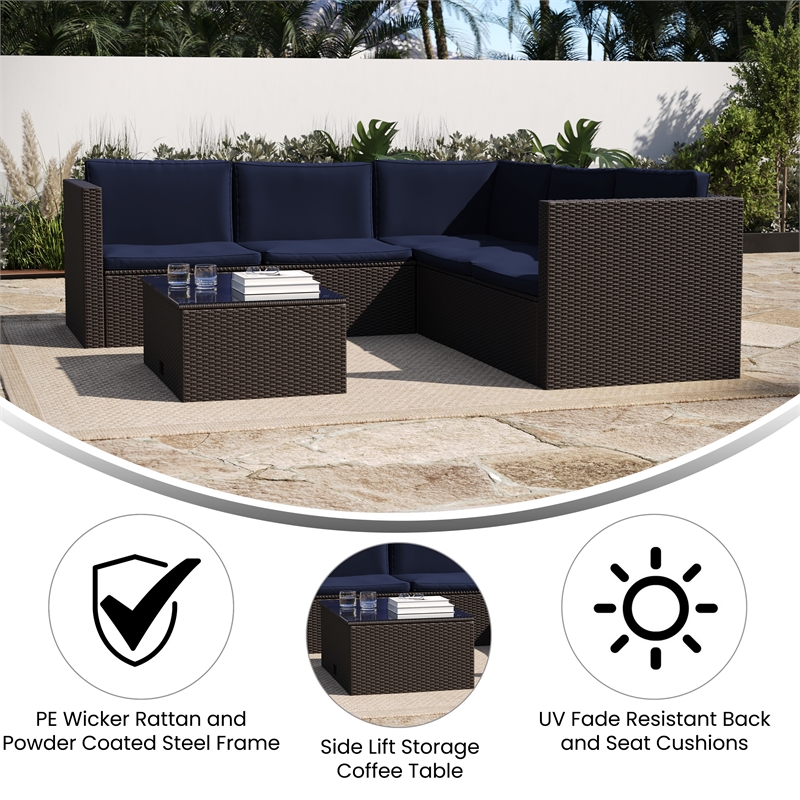 Indoor/Outdoor Patio Wicker Rattan Sofa and Table Set in Brown and Navy