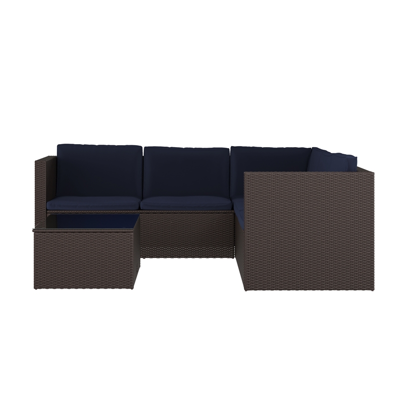 Indoor/Outdoor Patio Wicker Rattan Sofa and Table Set in Brown and Navy