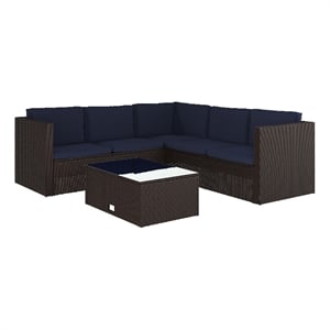 Indoor/Outdoor Patio Wicker Rattan Sofa and Table Set in Brown and Navy
