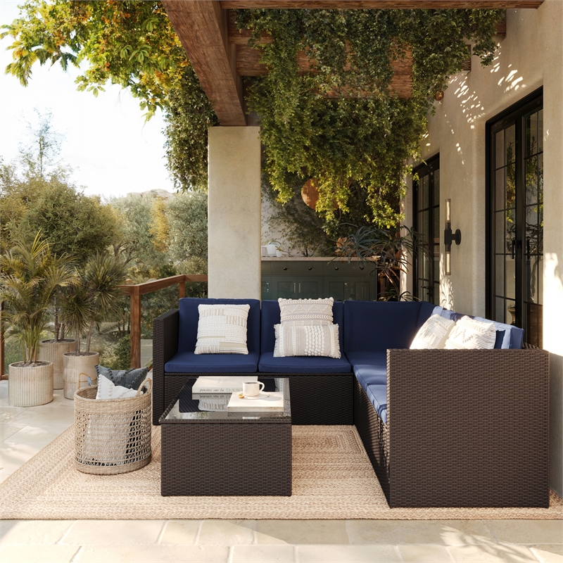 Indoor/Outdoor Patio Wicker Rattan Sofa and Table Set in Brown and Navy