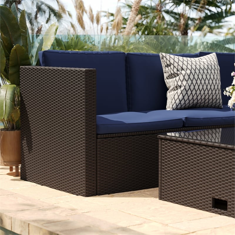 Indoor/Outdoor Patio Wicker Rattan Sofa and Table Set in Brown and Navy