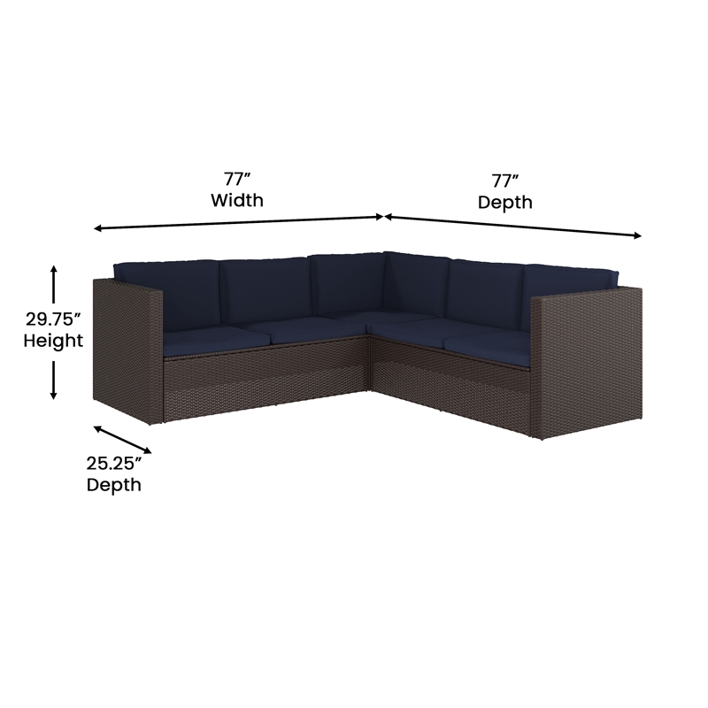 Indoor/Outdoor Patio Wicker Rattan Sofa and Table Set in Brown and Navy
