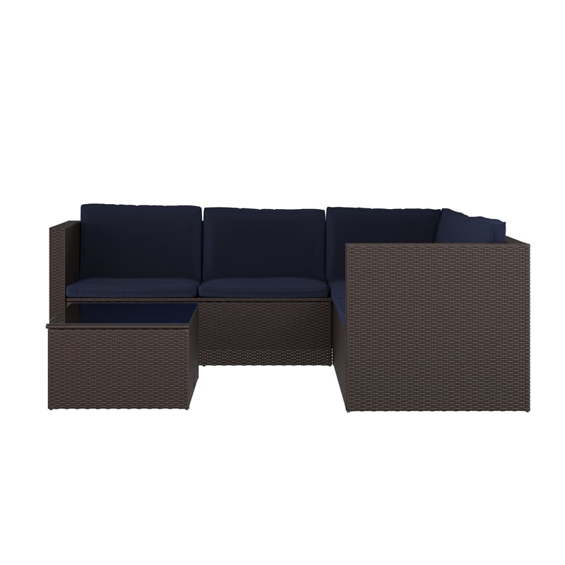 Indoor/Outdoor Patio Wicker Rattan Sofa and Table Set in Brown and Navy