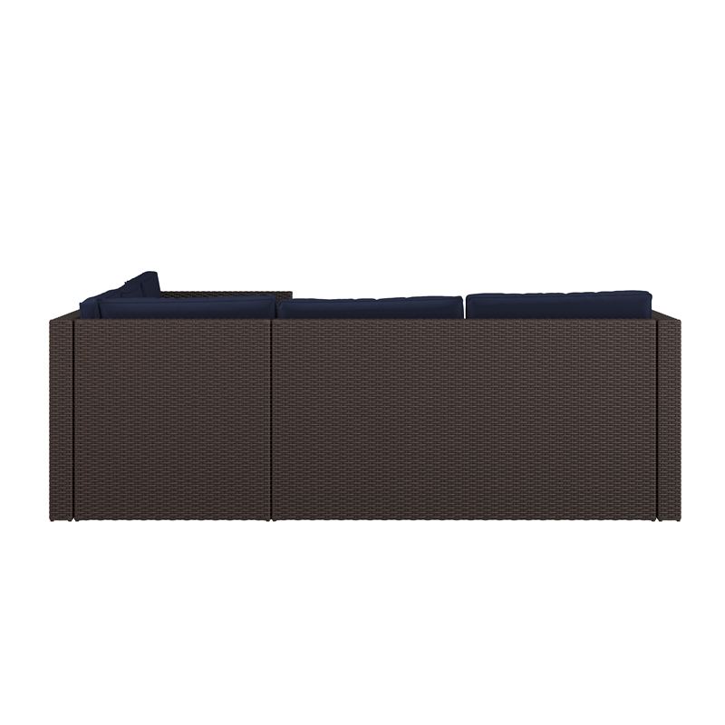 Indoor/Outdoor Patio Wicker Rattan Sofa and Table Set in Brown and Navy