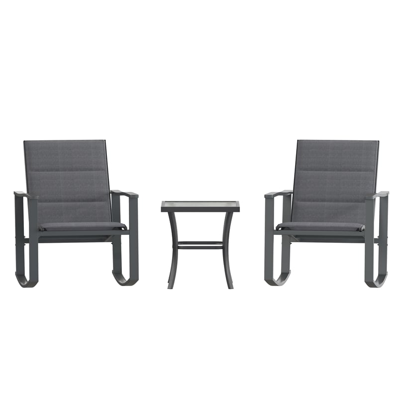 3 Piece All-Weather Rocking Chairs and Glass Top Table Bistro Set - Black/Black