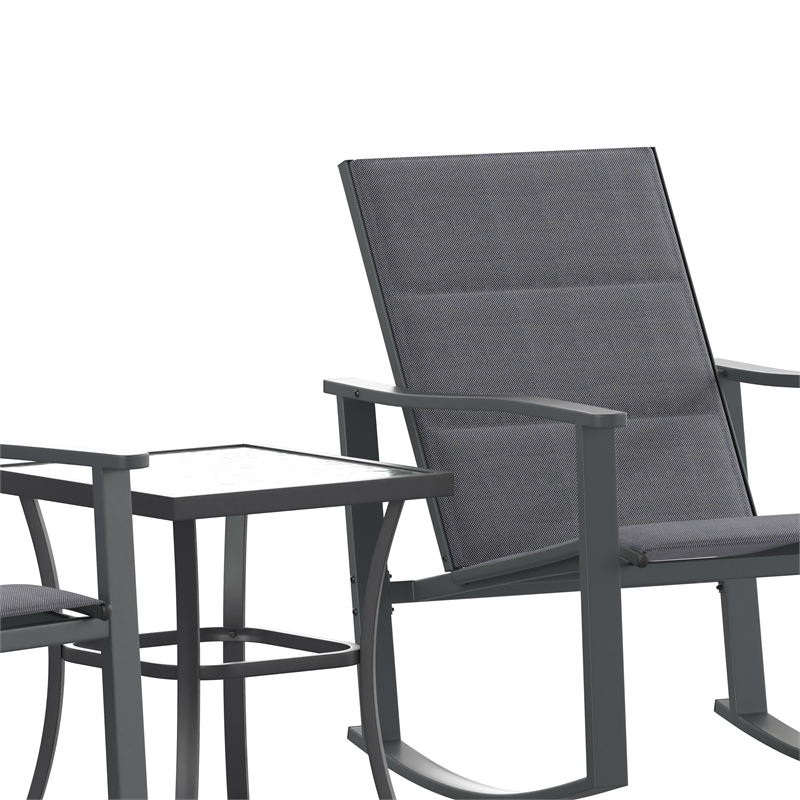3 Piece All-Weather Rocking Chairs and Glass Top Table Bistro Set - Black/Black